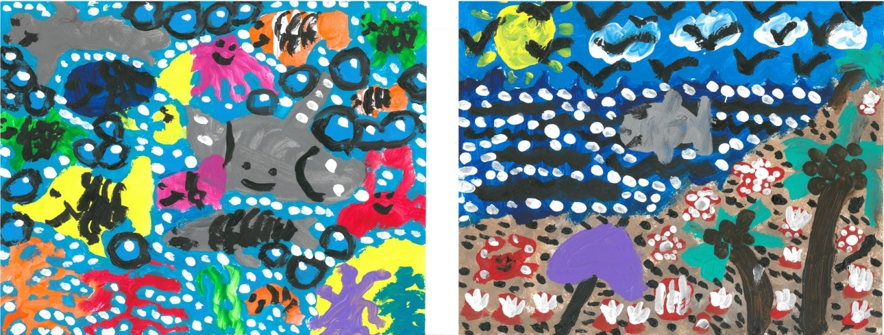 Dyptic painting of a beach scene and the ocean's fish