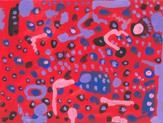 red painting with purple and pink dots