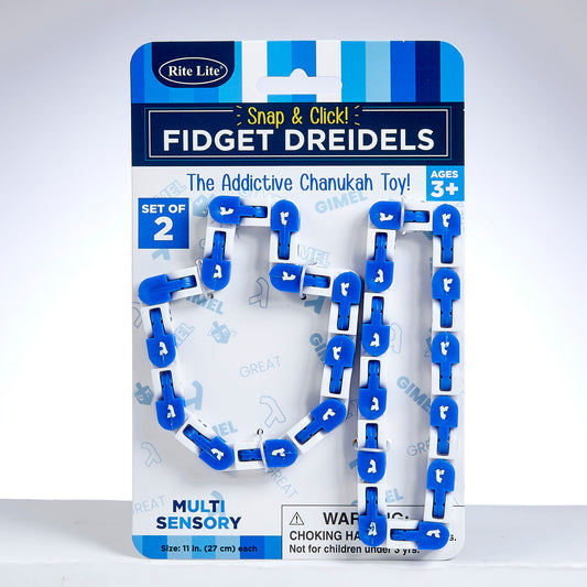 fidget toy loop made of blue and white dreidels