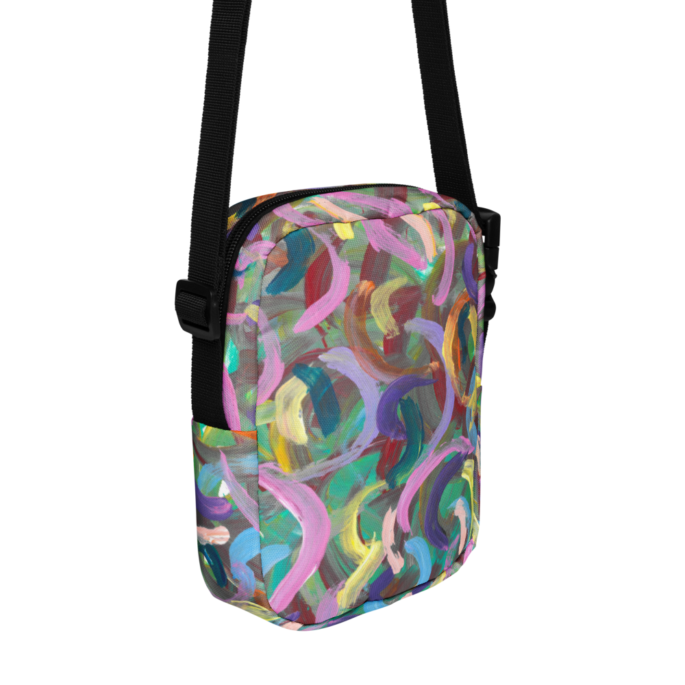 utility crossbody bag of an Abstact painting with curved purple, pink, yellow, blue, and green lines layered