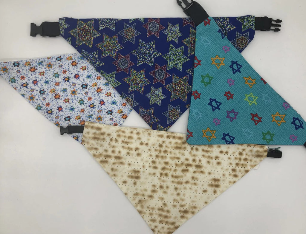 Four dog bandanas with Star of David fabrics and matzo fabric