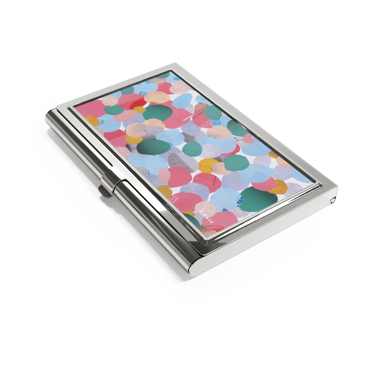 business card holder of a Collage of various sized circles that are blue, teal, pink, beige, and yellow