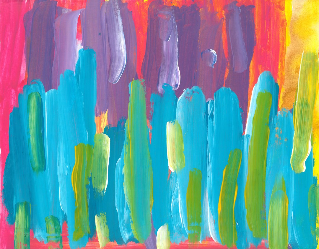 abstract painting of bottom half blues and yellows. the top half purples and pinks