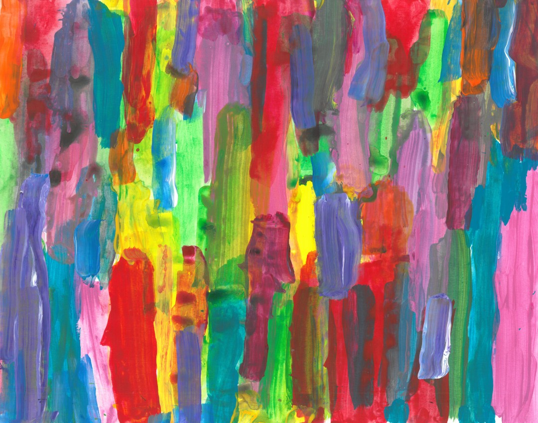 abstract painting of short verticle paint strokes of rainbow colors