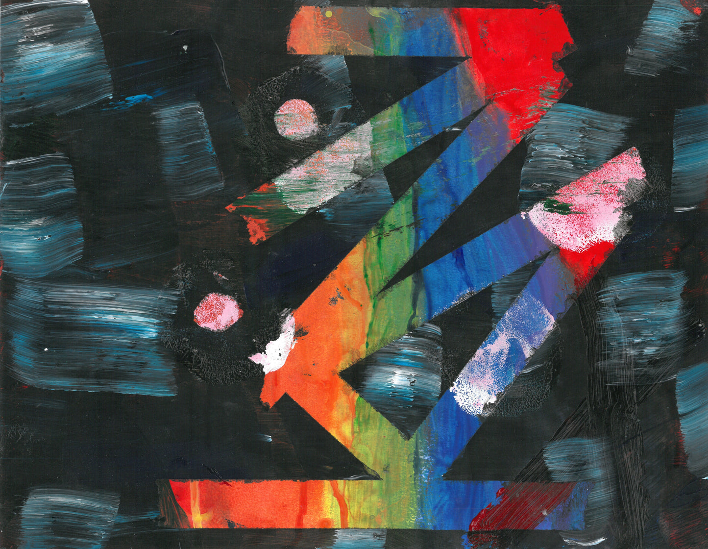 Abstract black Painting that has a zigzag abstract shape in the middle that reveals a rainbow