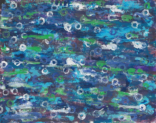 abstract painting of washes of blues with accents of green, purple, and white