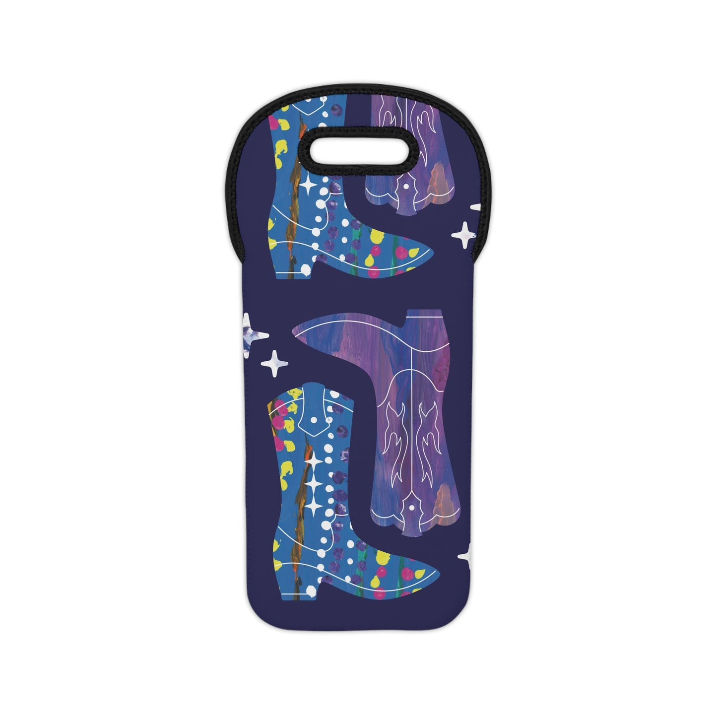 navy wine tote with an image of cowboy boots and stars