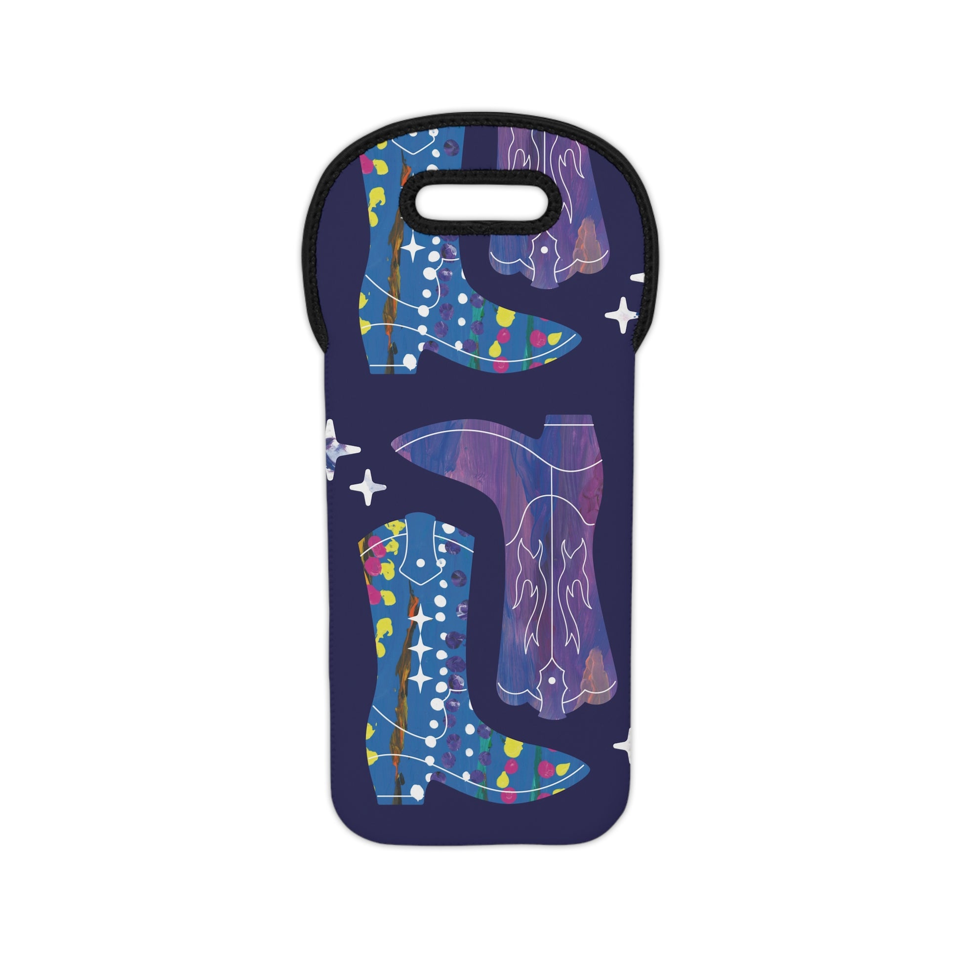 navy wine tote with an image of cowboy boots and stars