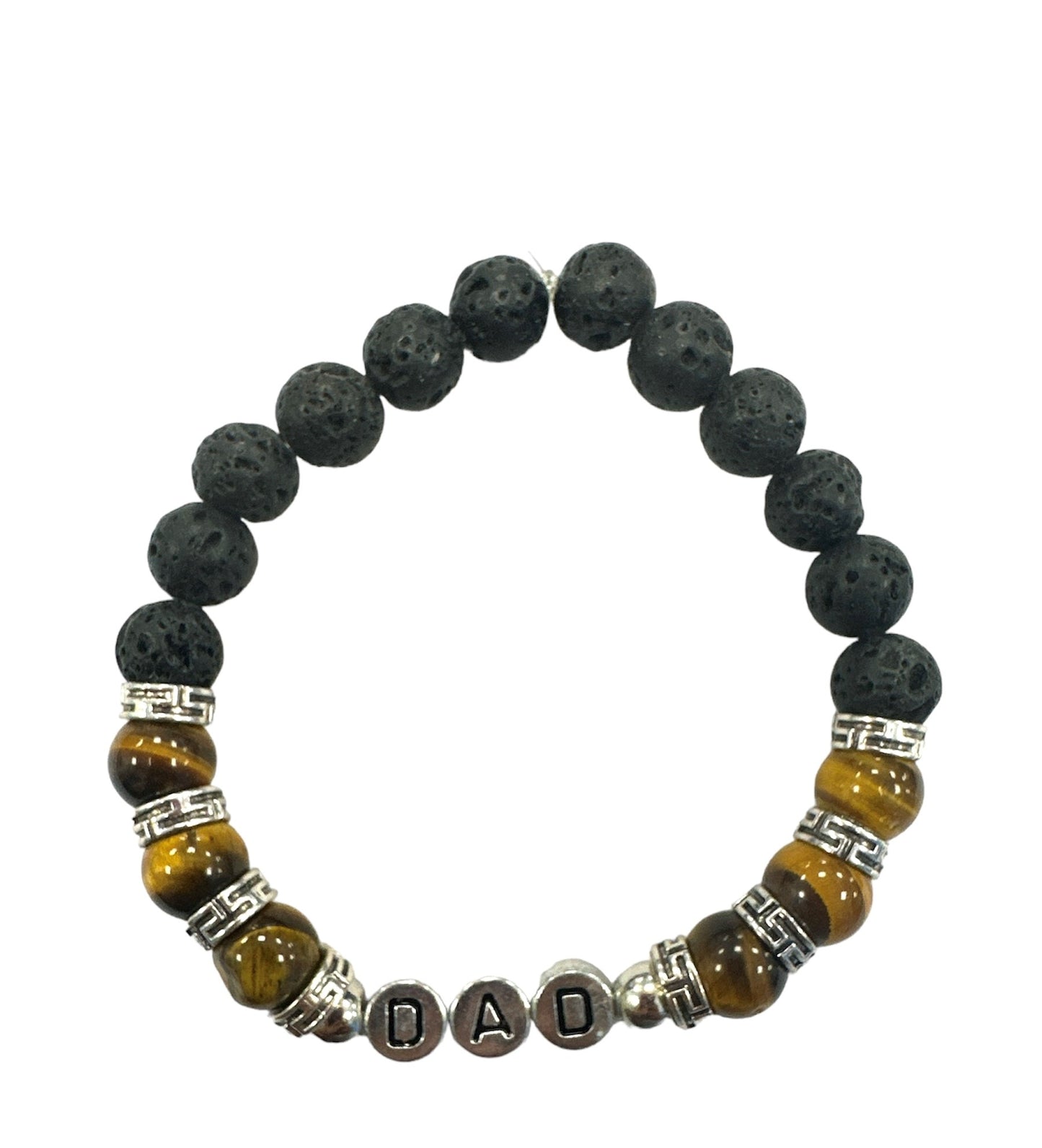 Dad bracelet with gemstones in Natural Brown colors and black round stone beads with a DAD Text in silver.