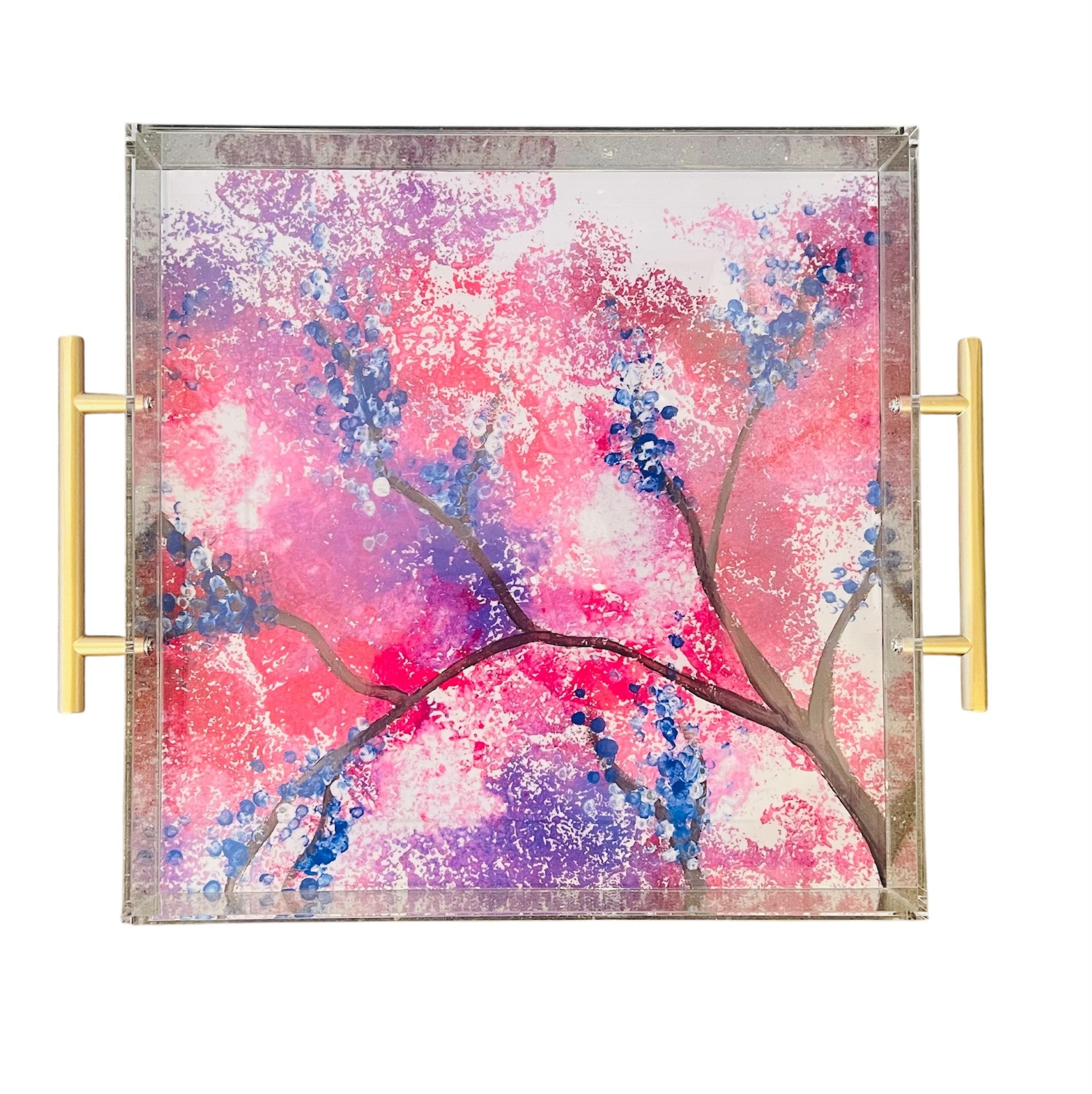 acrylic tray with gold handles of artwork of tree