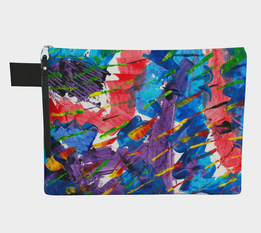 carryall bag of an Abstract painting with blue, purple, red in the background and lines of green and orange on top