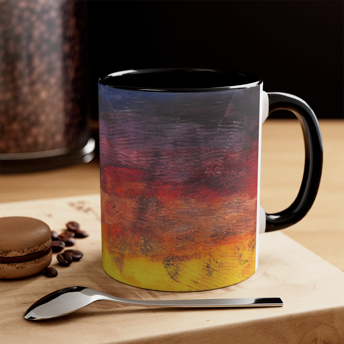 mug with abstract painting of a sunrise