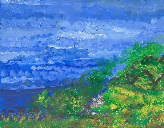 painting of a sky, waterm and greenery