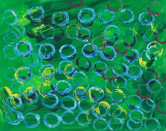painting of blue dots ontop of a green background