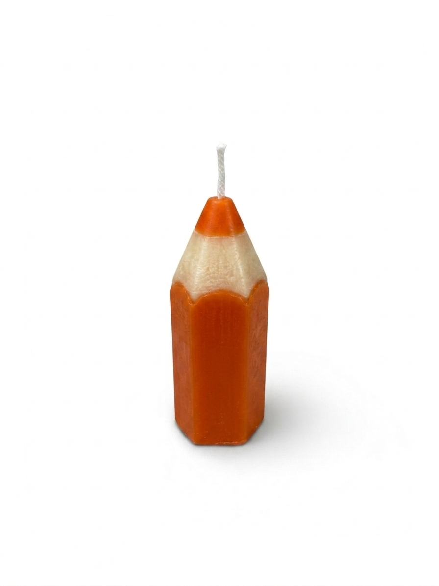 pencil-shaped candles handcrafted by the employees of Celebration Company, featuring a smooth hexagonal texture and a pointed wax tip. (color orange)