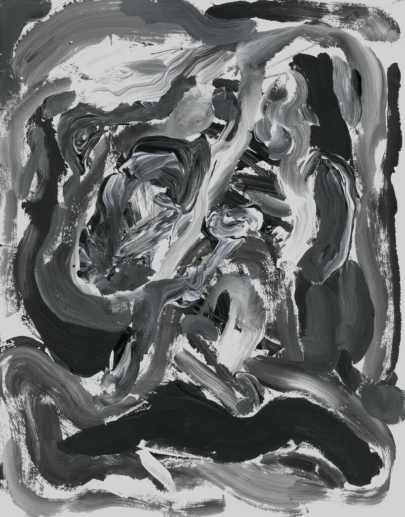 black and white painting of swirling lines