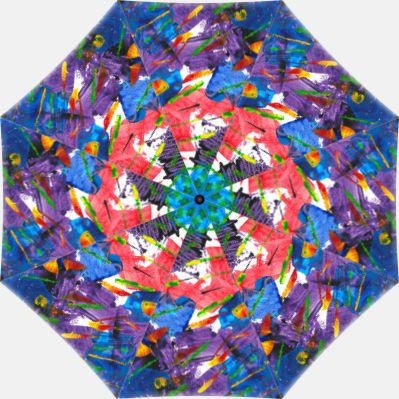 umbrella with colors of purple, blue, and red with orange and green lines circulating around 