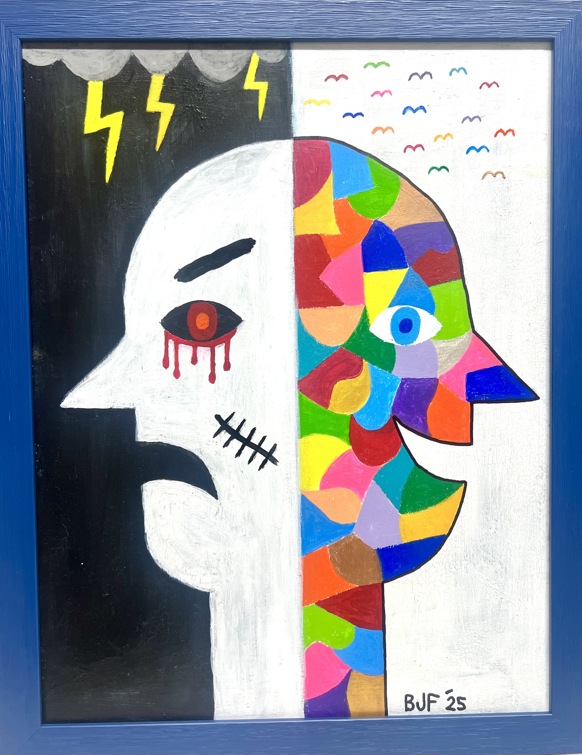 Artistic rendering of two contrasting faces with differing colors and skylines