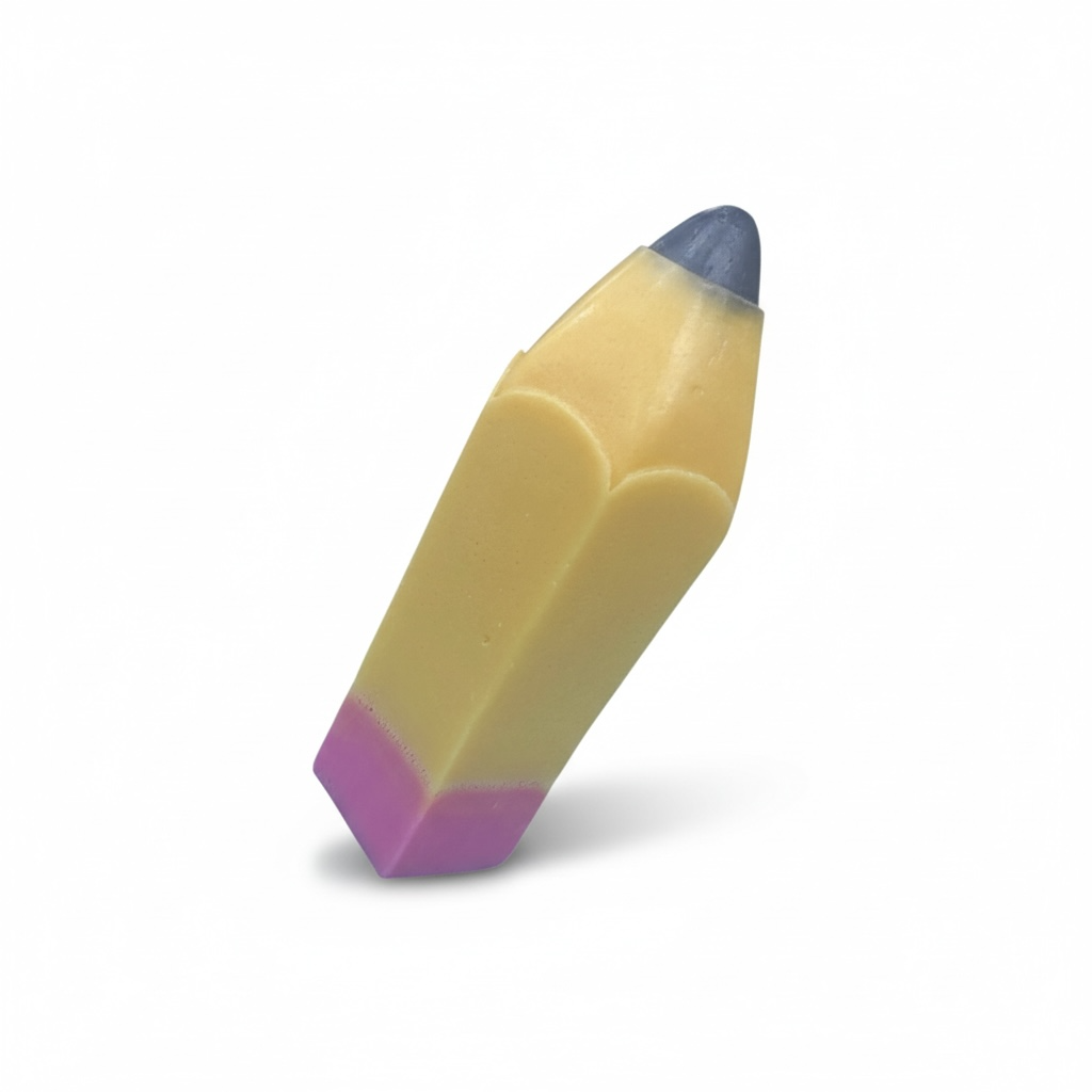The soap is composed of three distinct, vibrant color blocks that represent the different parts of a classic No. 2 pencil: