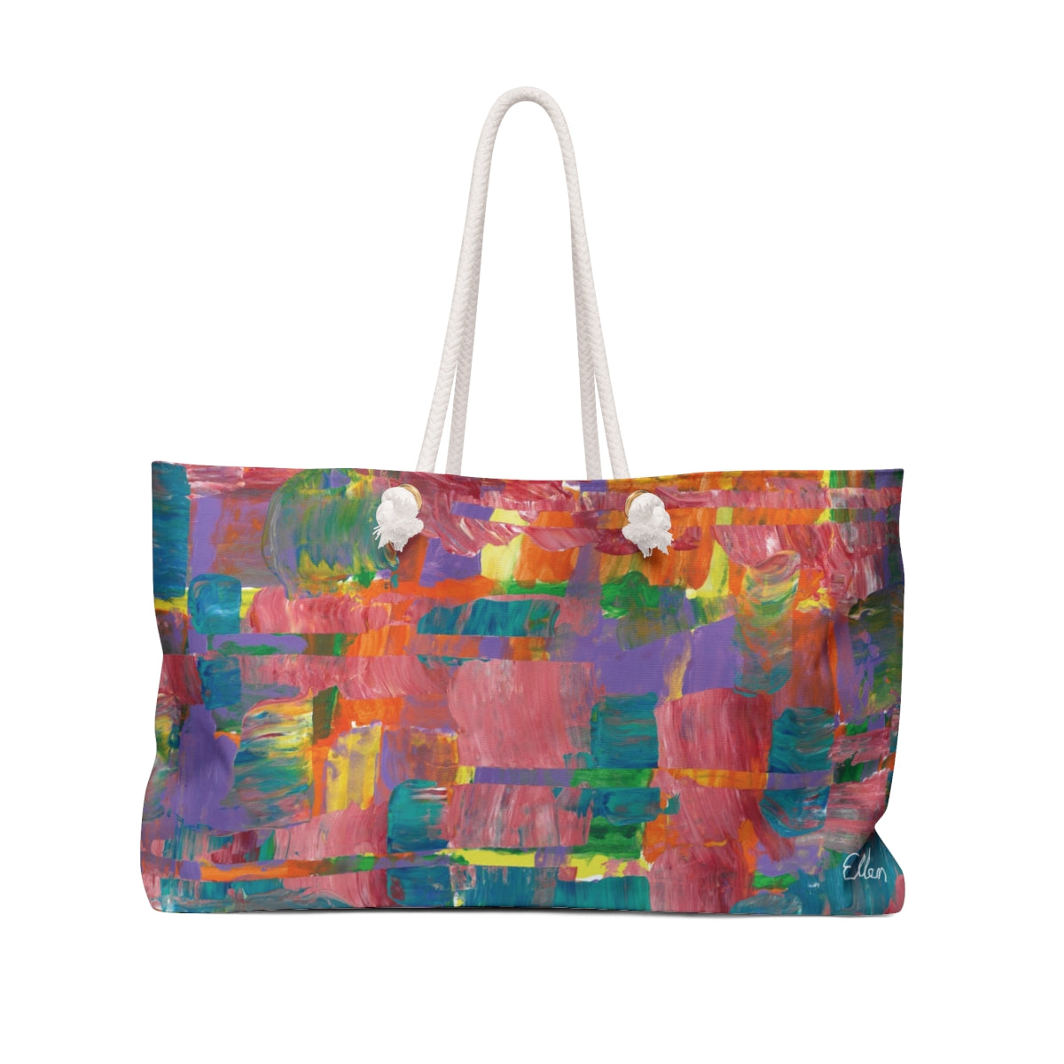 weekender tote of an Abstract Painting oof blues, pinks, green, yellow, and orange that has indications of lines