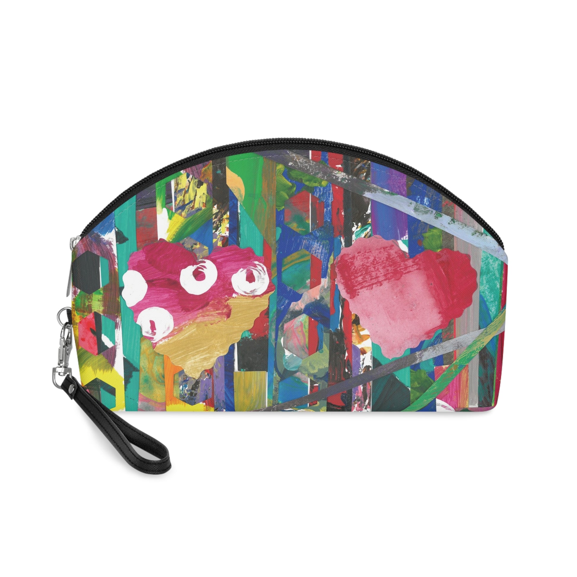 makeup bag with image of collage with hearts
