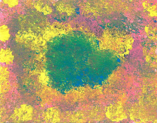 painting with the pink and yellow surrounding blue