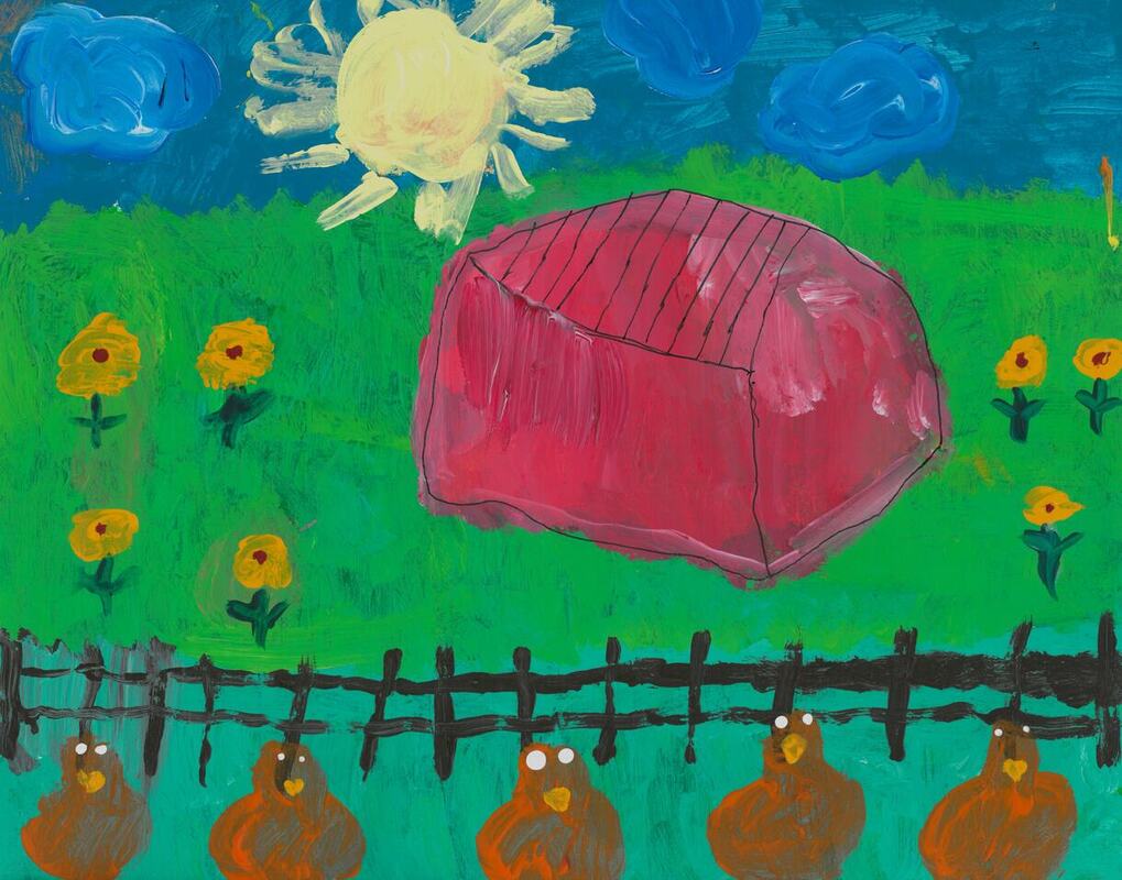 painting of barn, a fence and a row of chickens