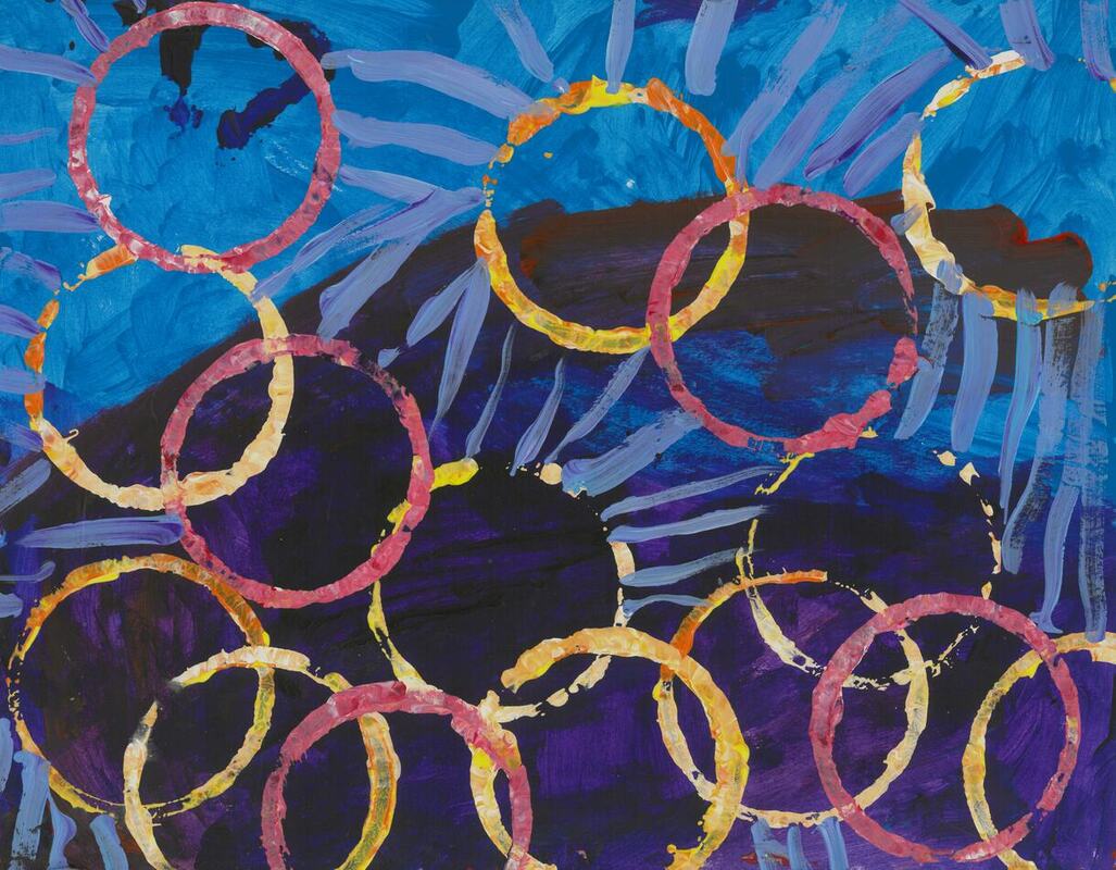 yellow and pink rings against a dark purple background, radiating lines of blue