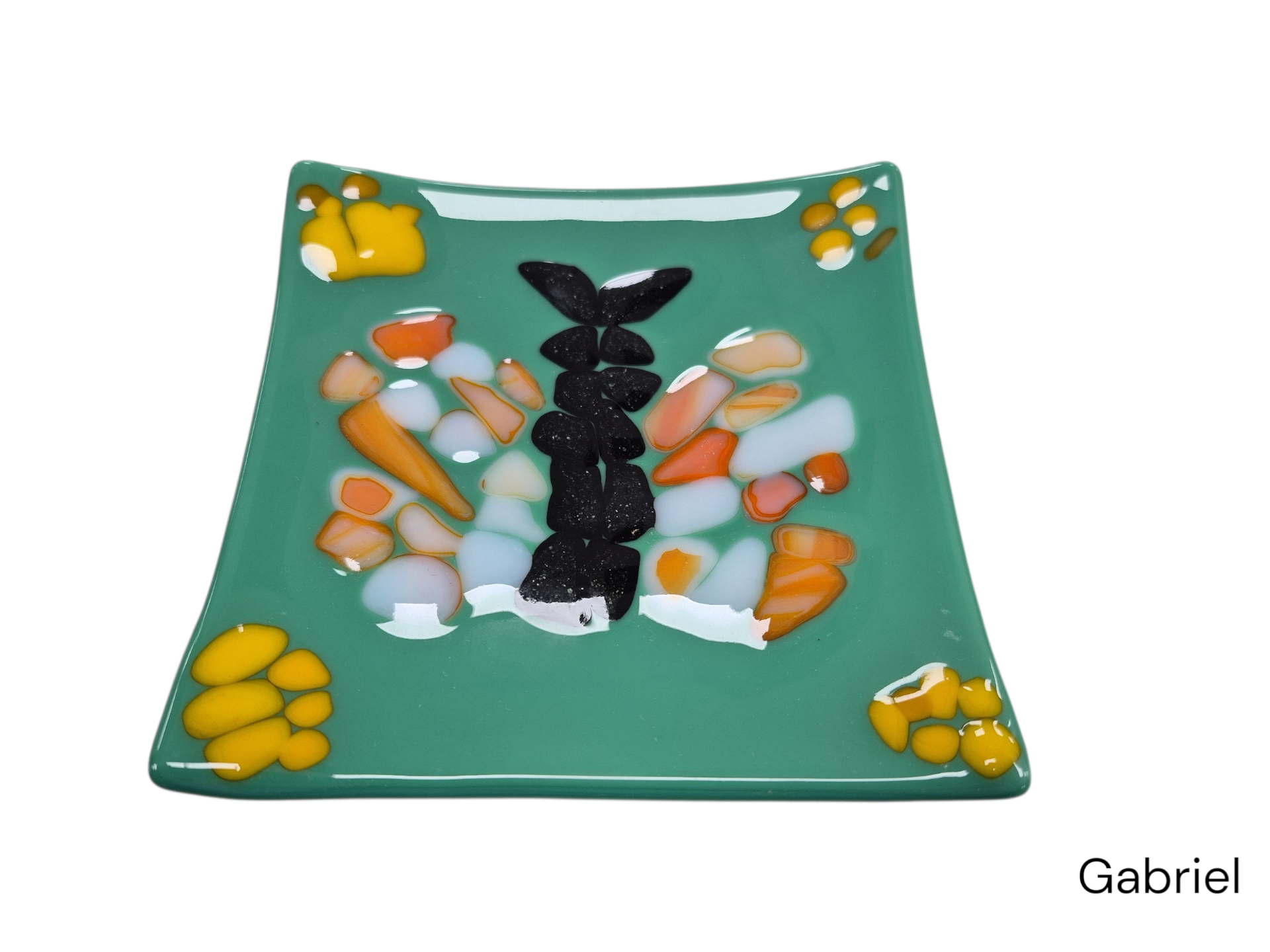 Colorful light green Glass Plate, with a butterfly shape with different colors.