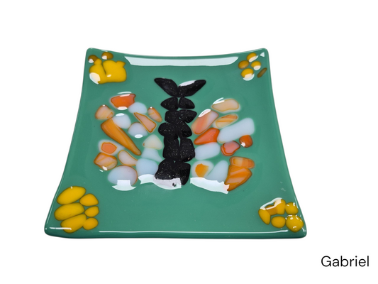 Colorful light green Glass Plate, with a butterfly shape with different colors.