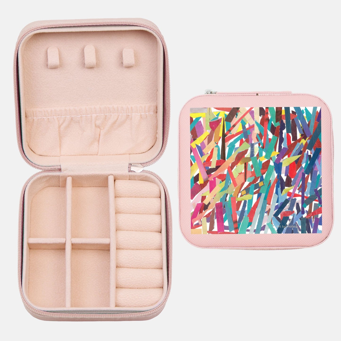 pink travel jewlery case with rainbow overlapping lines