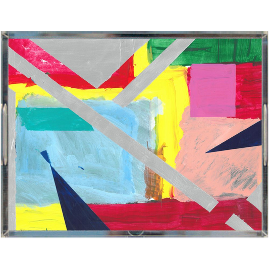 acrylic tray of an Abstract painting of layers of multcolored squares and rectangles in the background with silver lines and blue triangles on top