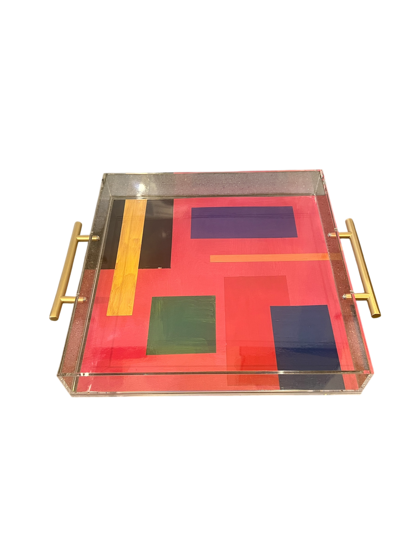 acrylic tray with gold handles of artwork of squares and rectangles overlapping