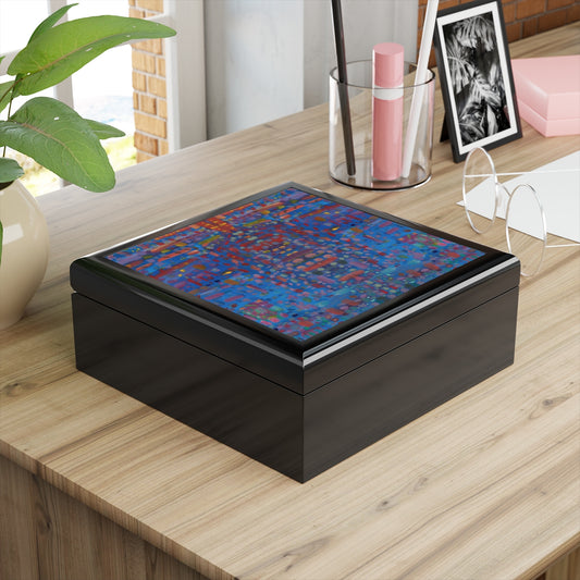 jewelry box of an Abstract blue painting on canvas with red and yellow lines