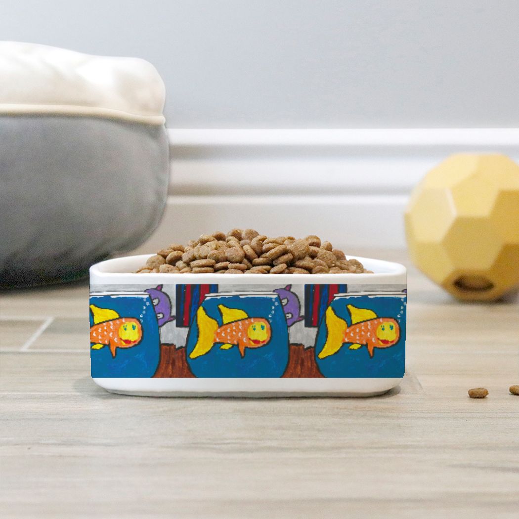 pet bowl with image of a cat watching a fish