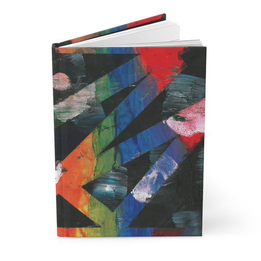 journal of an Abstract black Painting that has a zigzag abstract shape in the middle that reveals a rainbow