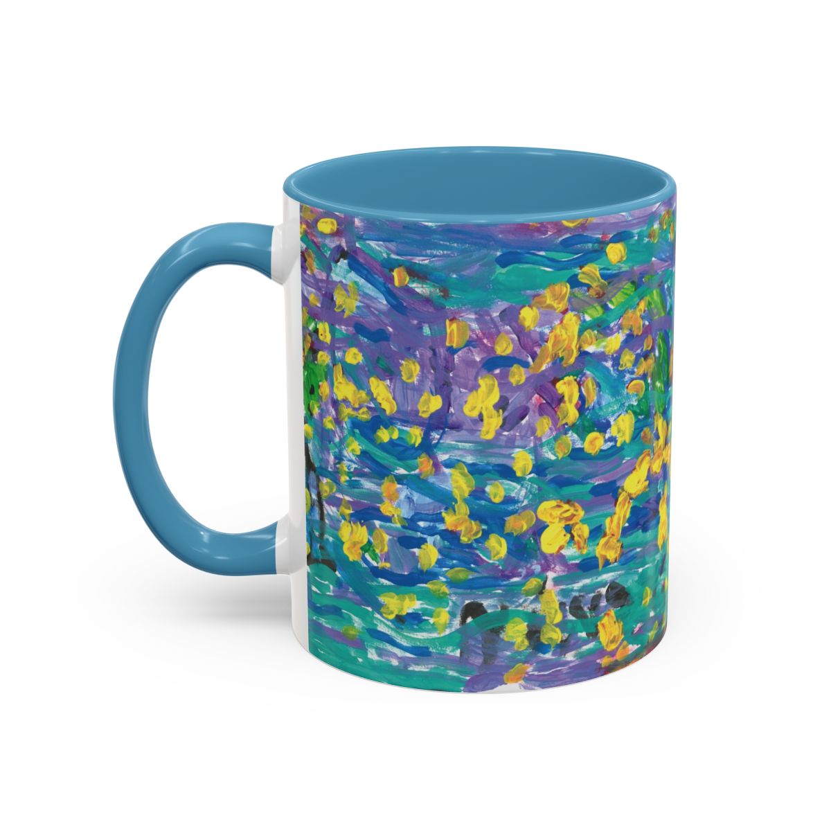 mug of an Abstract Painting of teals, purple, and blue with a few hints of black, green, and yellow