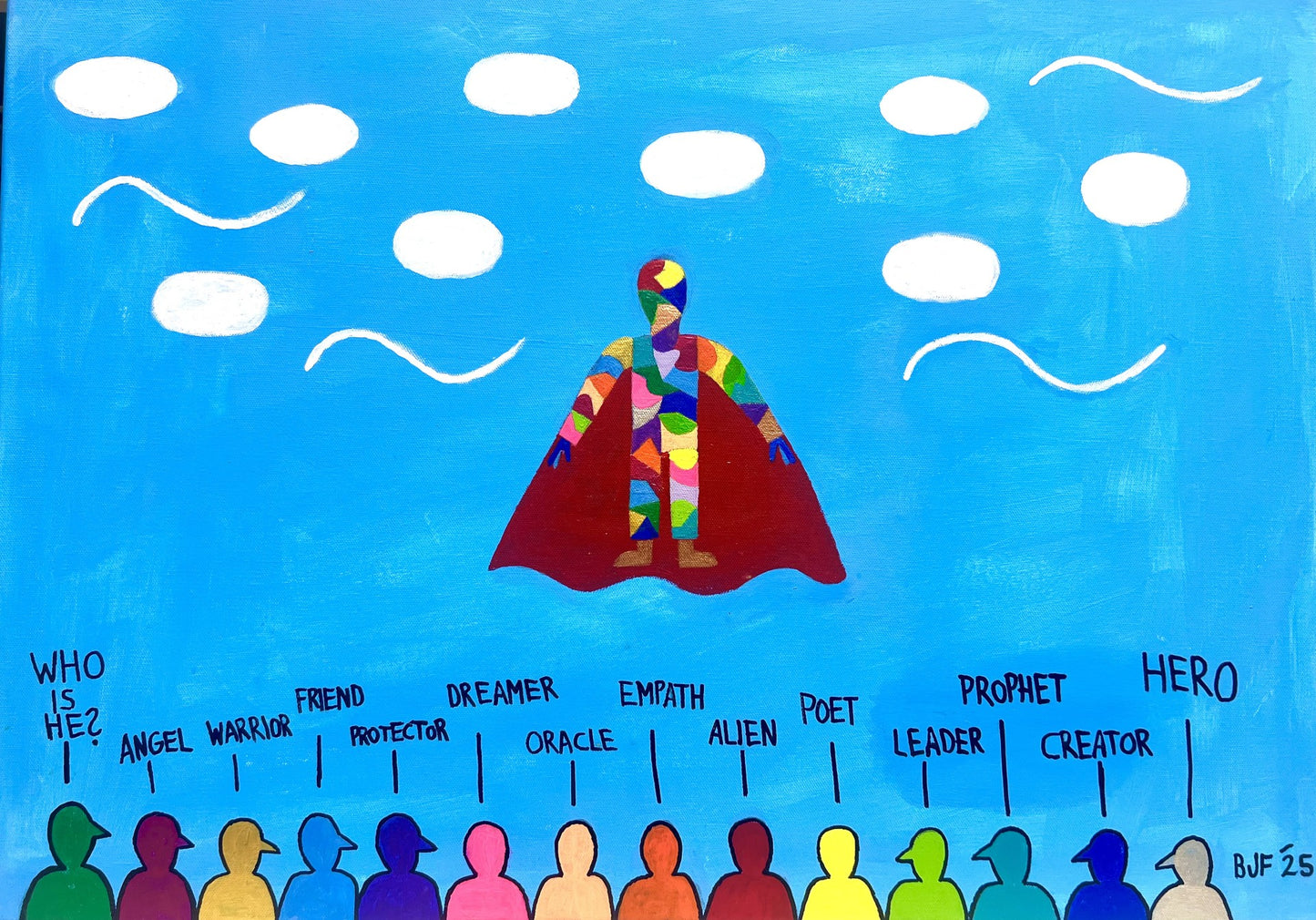 Artistic rendering of a group of people looking up and questioning a colorful humanoid