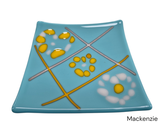 Colorful Light Blue Glass Plate with yellow dots.