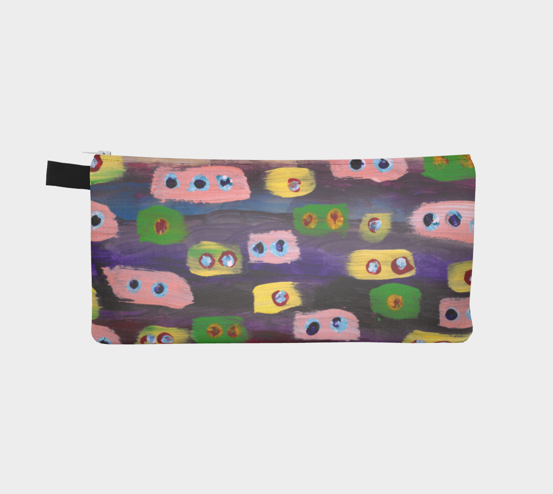 pencil case of a Painting of green, peach, and yellow short stripes that contained multicolored pairs of dots inside. These are on top of a background of a dark background of horizontal stripes of blue, purple, red, and gold