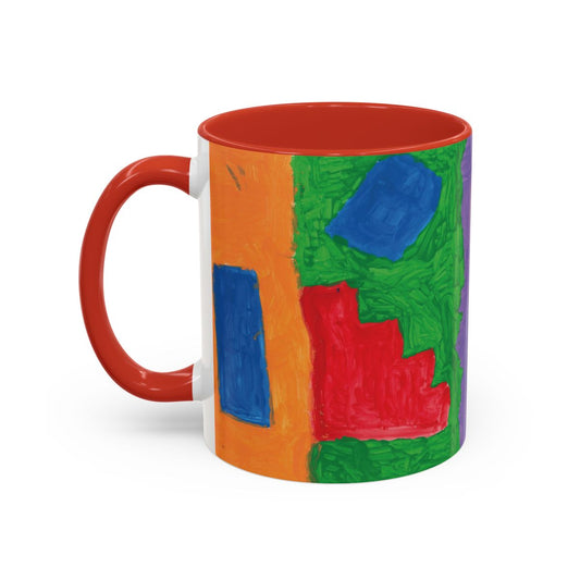 mug of an Acrylic painting divided into three sections: orange, green, and purple with two blue rectangles and 1 red stairs, and 1 red square inside