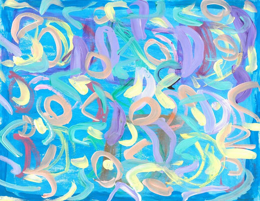 blue painting with abstract shapes on it