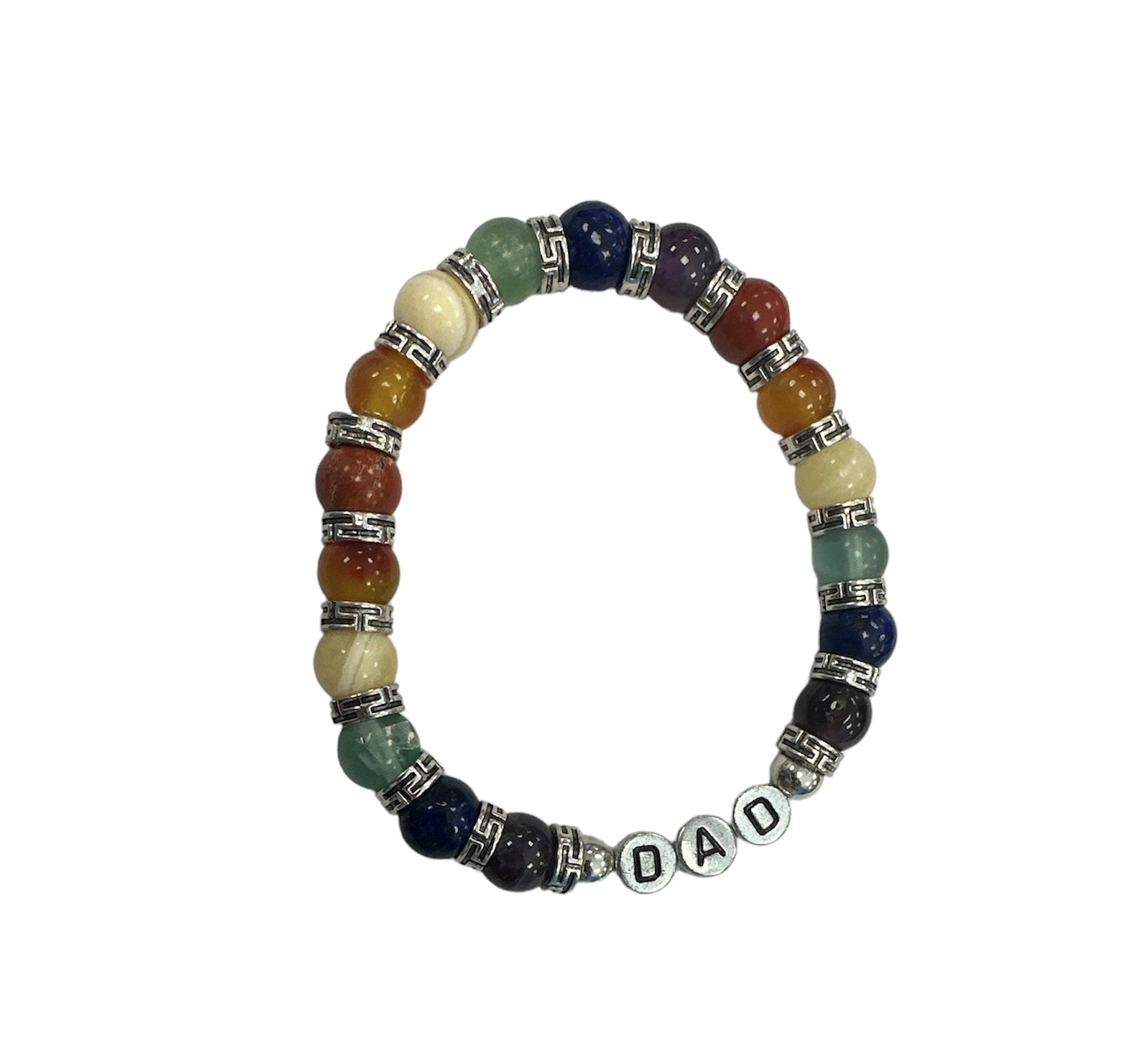 Dad bracelet with multicolor gemstones with a Text of DAD in silver.