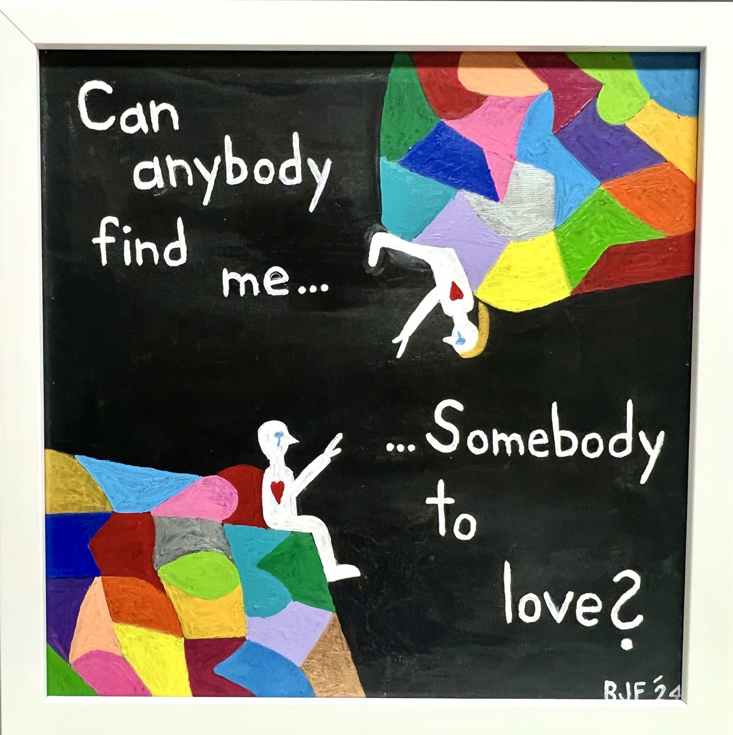 Artistic rendering of a separated man and woman seated on colorful surfaces