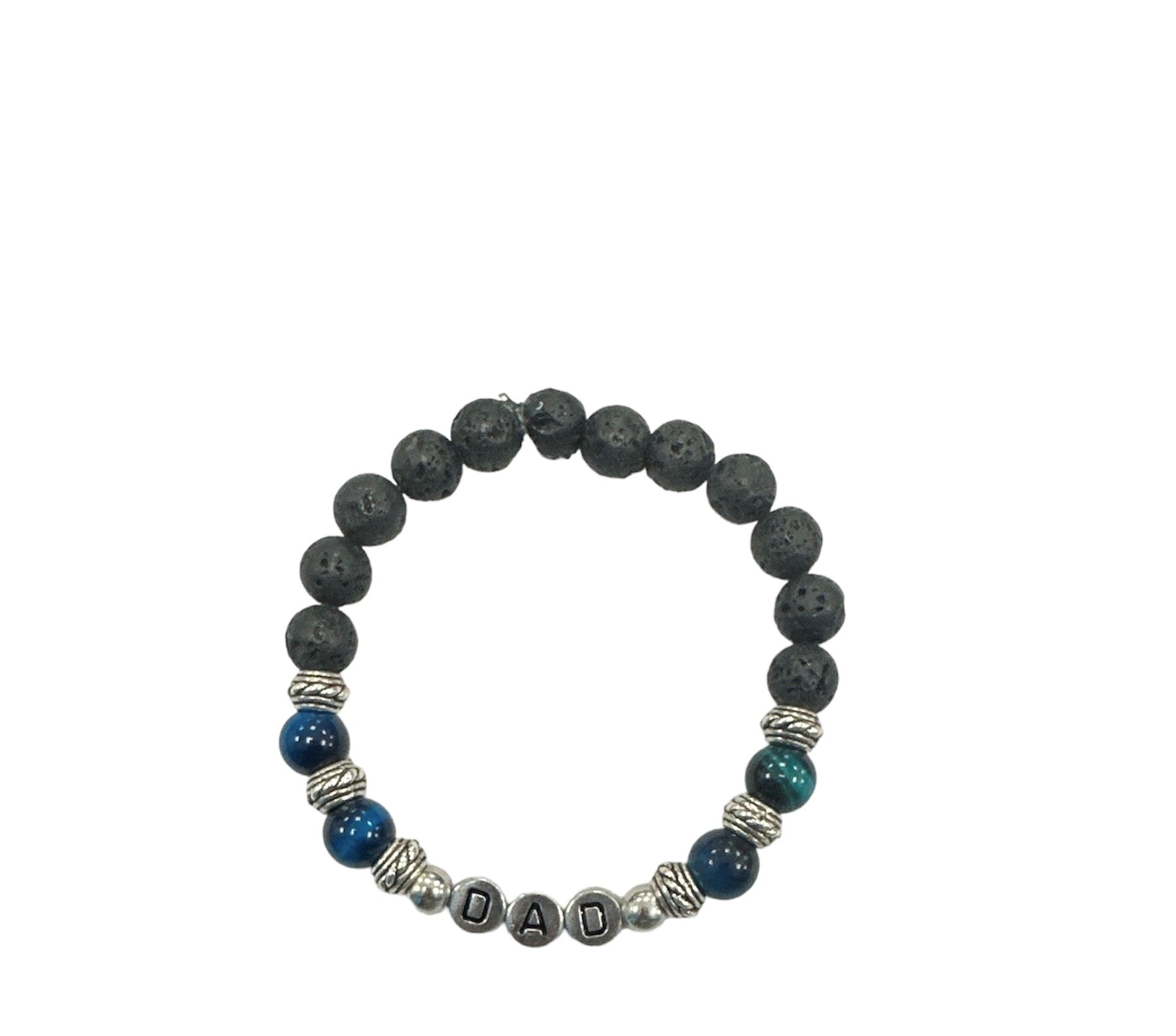 Dad bracelet with gemstones in Natural Blue colors and black round stone beads with a DAD Text in silver.