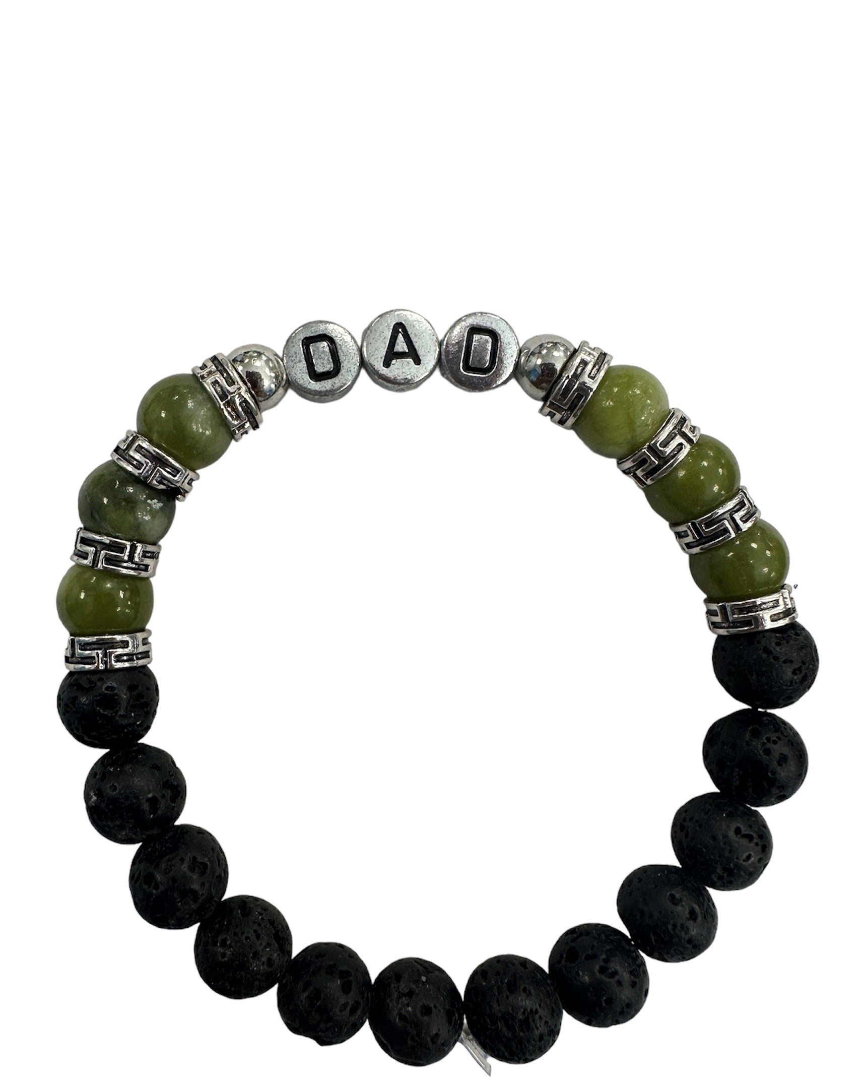 Dad bracelet with gemstones in Natural green colors and black round stone beads with a DAD Text in silver.