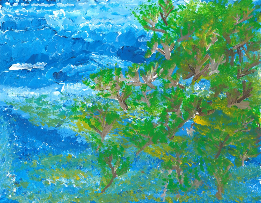 painting of branches against a textured blue sky