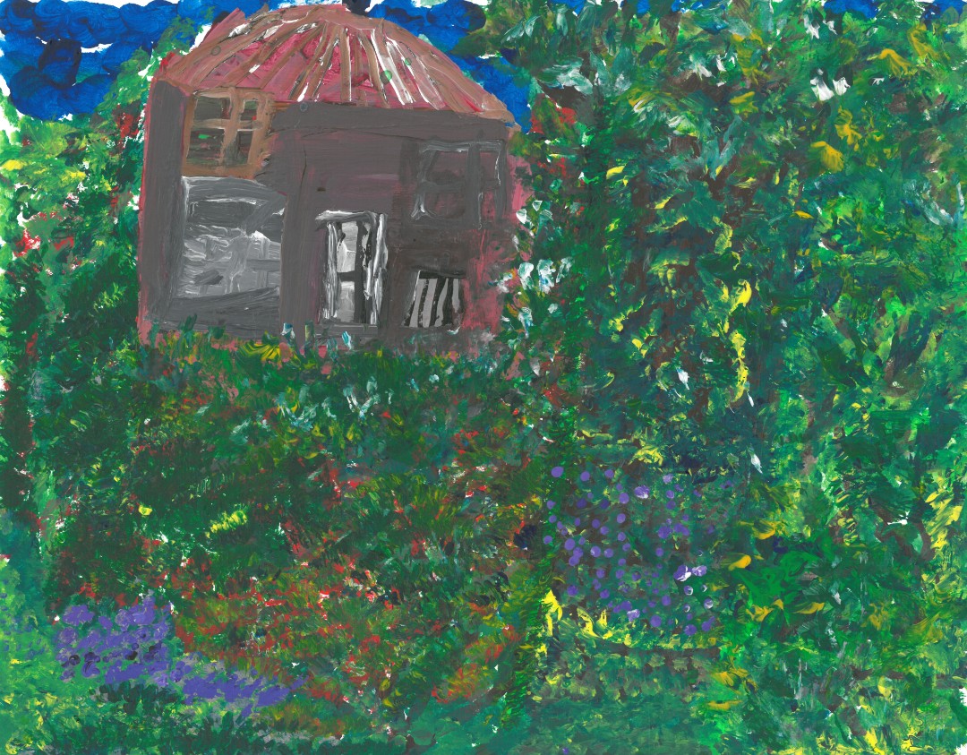 painting of a house amongst trees