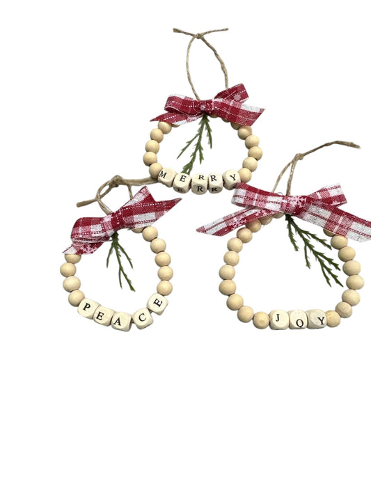 farmhouse wooden ornament, simple boho Merry Christmas wooden bead wreath set of 3