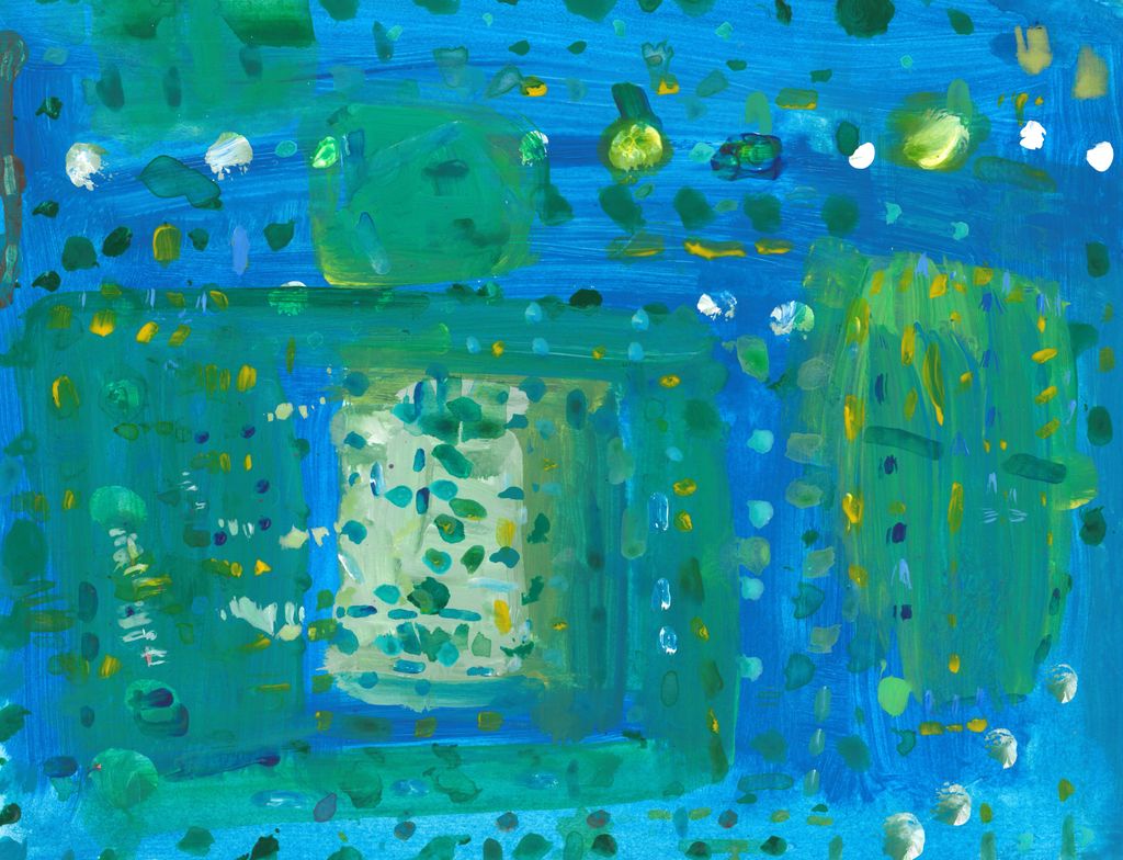 Abstract bue painting with green squares and white, yellow, and green lines and dots